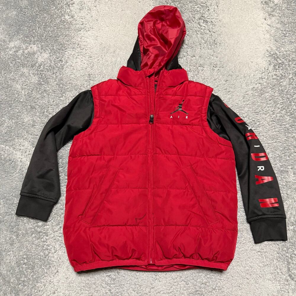 Nike Jordan Puffer Coat Kids Youth Medium Red Black Hooded Light Jacket